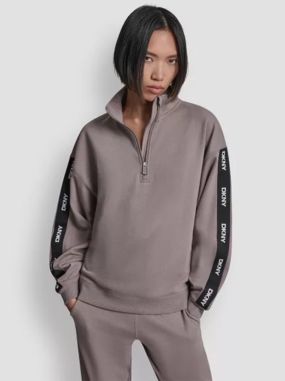 Dkny Taupe Quarter-Zip Pullover with Black Logo Sleeve Tape